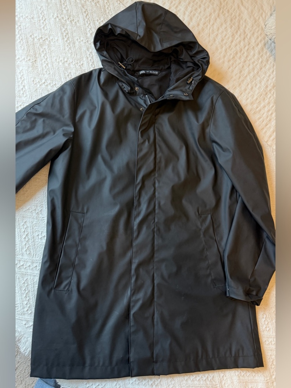 Zara Men’s Black Rubberized Hooded Raincoat